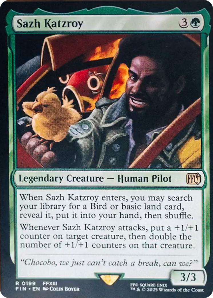 sazh mtg card Katzroy [FINAL FANTASY] put a +1/+1 counter Fetch Lands Style:Lands Between Dark Fantasy AI-generated Magic: The Gathering Sealed Products